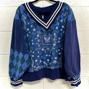 Free People Blue Patchwork V‑Neck Sweatshirt